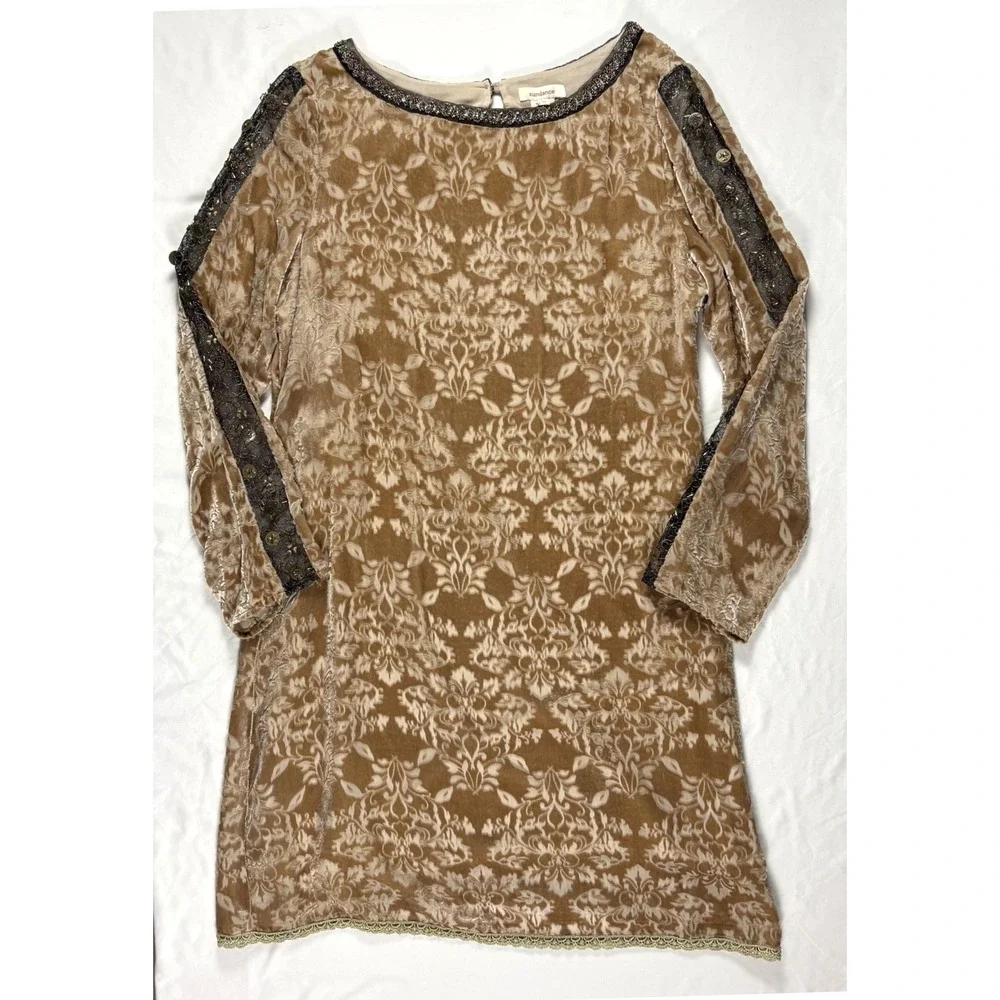 Sundance Champagne Dreams Velvet Burnout Damask Shift Dress Beaded 14 Silk Event